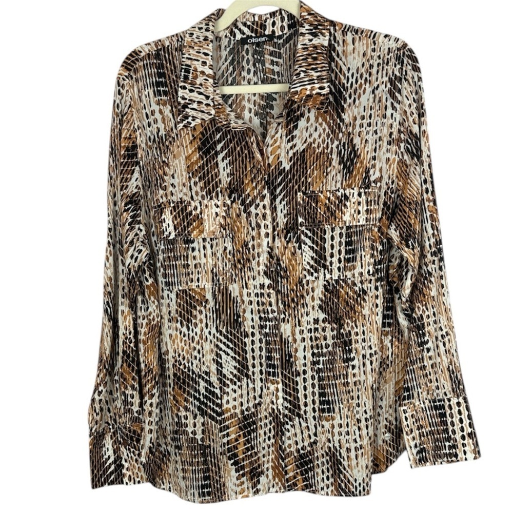 Olsen Cotton Blend Chic Abstract Black Tan Cream Long Sleeve Blouse XL